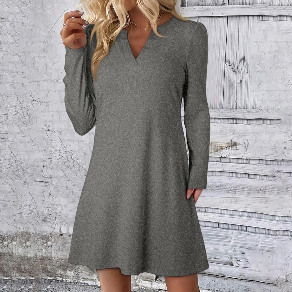 Women's Solid Color Dress Loose V-neck Casual Fashion Long Long Sleeved Dress