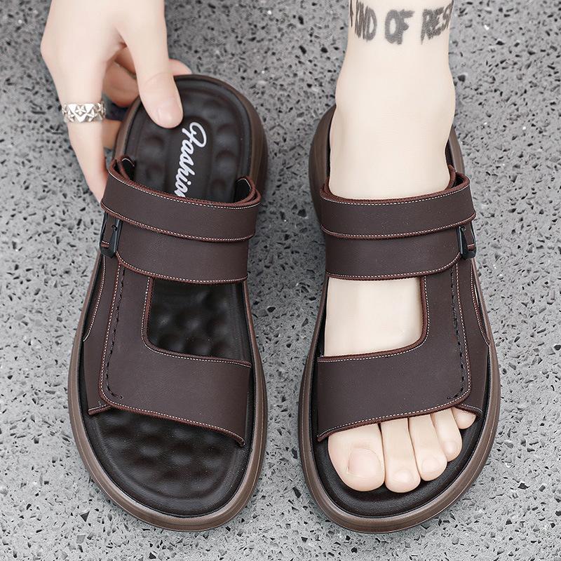 2025 New Fashion Men's Leather Slippers Durable Father Shoes Summer Outer Wear Beach Slippers Two-In-One Wet Shoes EVA Outsole