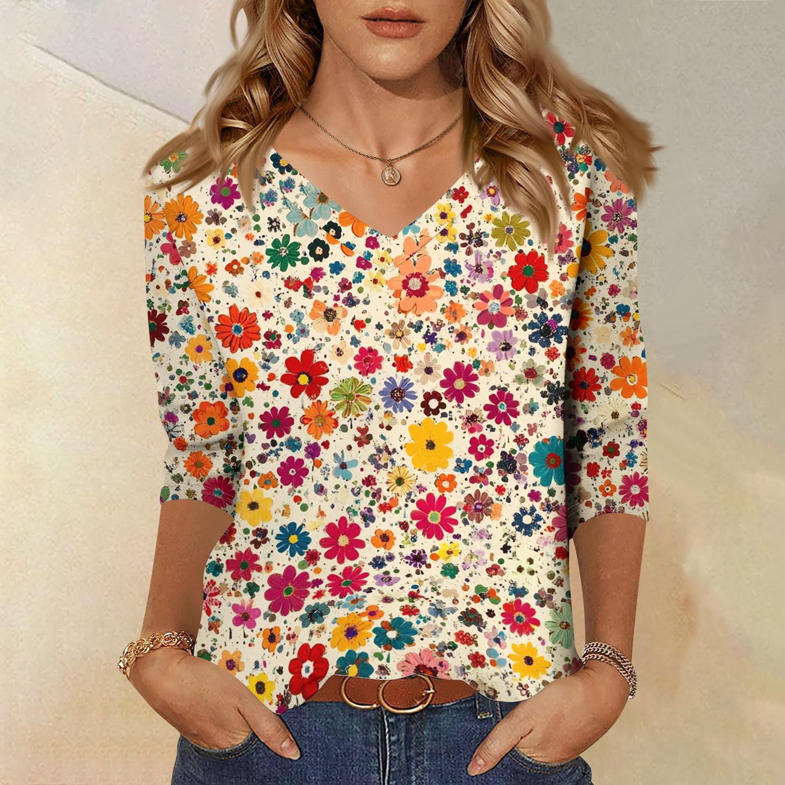 

Women s Tops Three-quarter Sleeve Shirt V-neck Loose Casual Shirt Print T-shirt XL жовтий