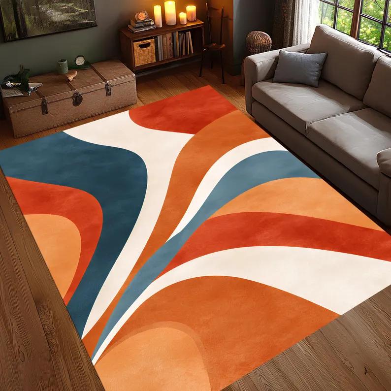 Retro Curve Abstract Area Rug Orange Blue Mid Century Modern Carpet Colorful Geometric Floor Decor Washable Living Room Rugs