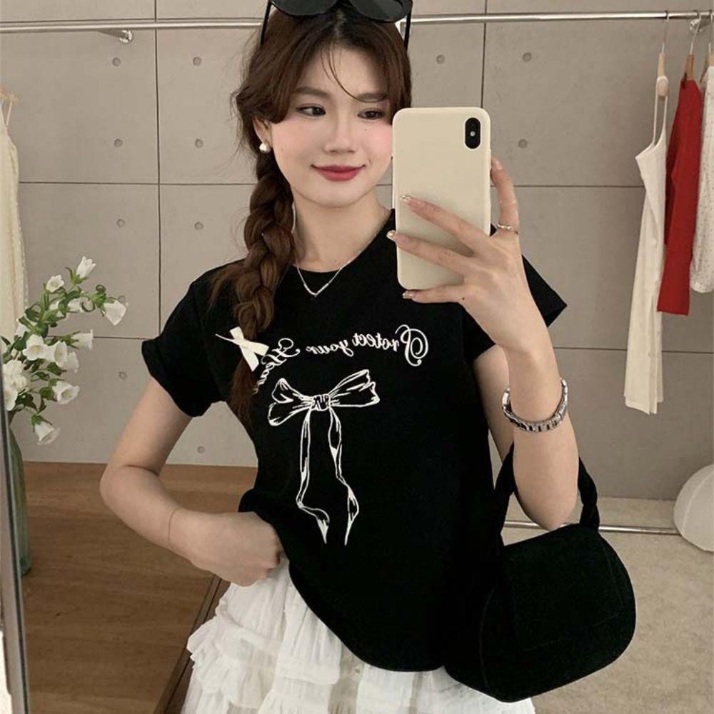 

Bowknot Pullover Short Sleeves Top Cotton Letter Bow Printed T-Shirt Fashion Party