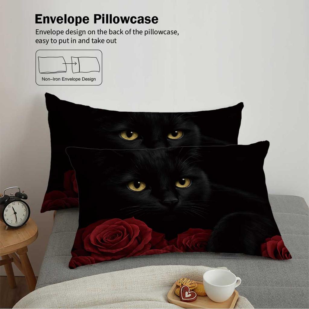 3pcs Black Cat Pattern Printed Bedding Set, 1*quilt Cover+2*pillowcase, Suitable for King Bed, Single Bed for All Seasons