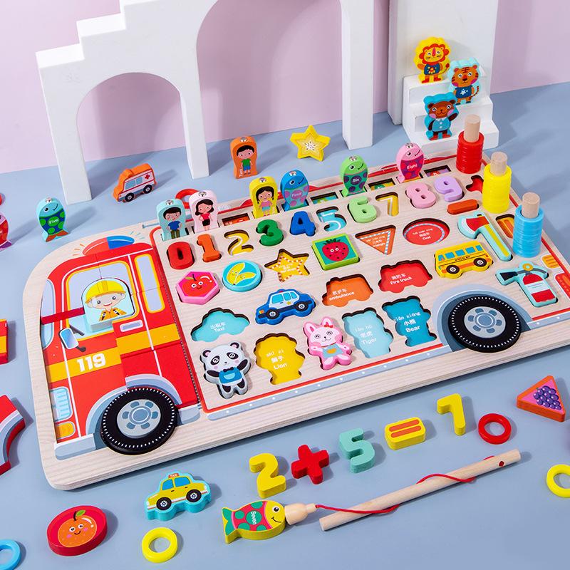 Non-Toxic Montessori Educational Wooden Toys Preschool Children Fire Truck Busy Board Math Fishing Games Early Toys For Kids Xmas Gifts