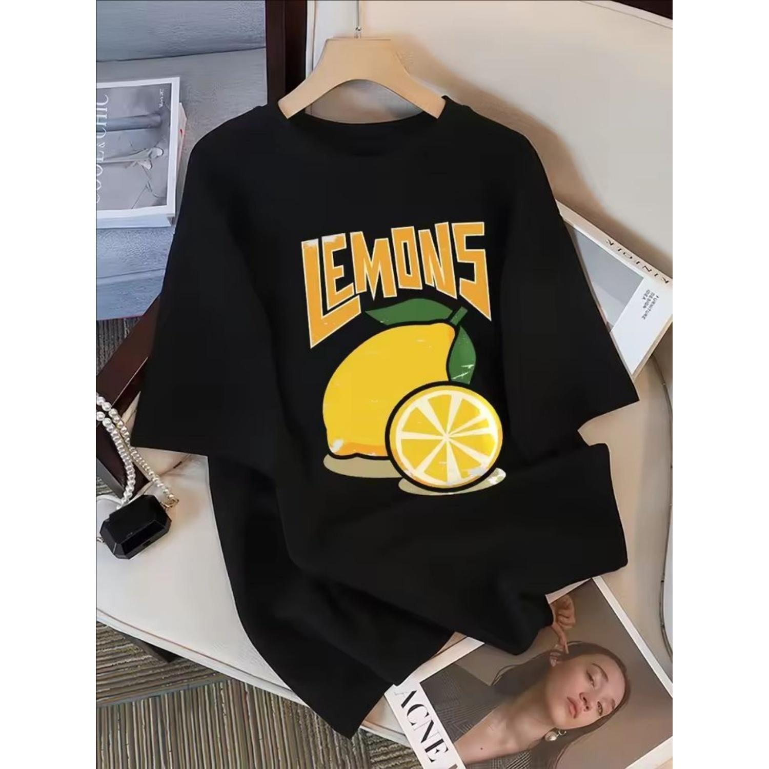 

Fresh Lemon Fruit Prints Women Tee Shirt Casual T-Shirts Breathable Short Sleeve Comfortable O-Neck Tops XXXXXL чорний