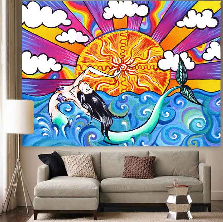 

Психоделический гобелен с осьминогом, горное солнце, русалка, художественный настенный гобелен в стиле хиппи, пляжное полотенце, общежитие, спальня, домашний декор 100X75CM