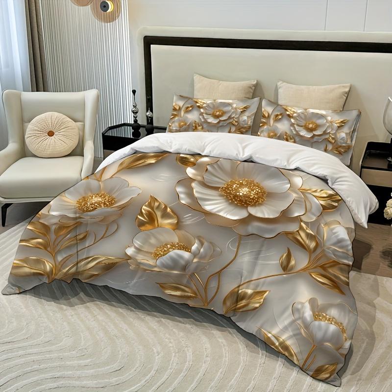 3pcs Golden Golden Edge Flower Quilt Set (1 Duvet Cover + 2 Pillowcases Coreless) White 3D Carved Series High Definition