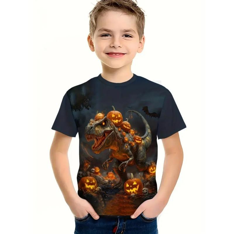 Round Neck 3D Pumpkin Animal Printed T-shirts Short Sleeved Children's Boy T-shirts - Soft Medium Stretch Polyester Fabric Summer Relaxed Fit Clothing
