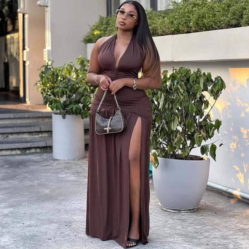 European and American new women s solid-color dress, African sexy sleeveless deep V-neck slit elegant casual waist-cinching long dress S