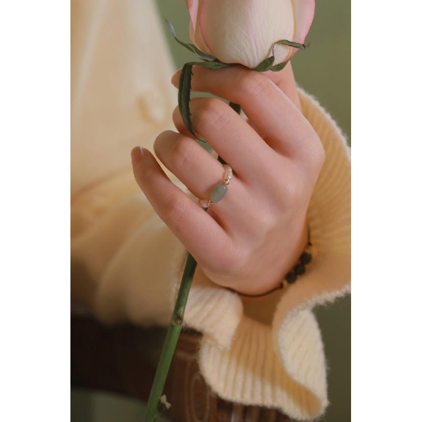 

Jade and pearl niche design ring Original new versatile stackable minimalist ring Blue-white XL Circumferen