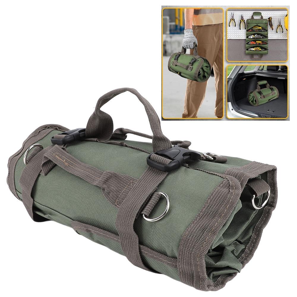 Oxford Fabric Roll Up Tool Bag Dark Green Shoulder Strap Tool Roll Screwdriver Wrench Storage