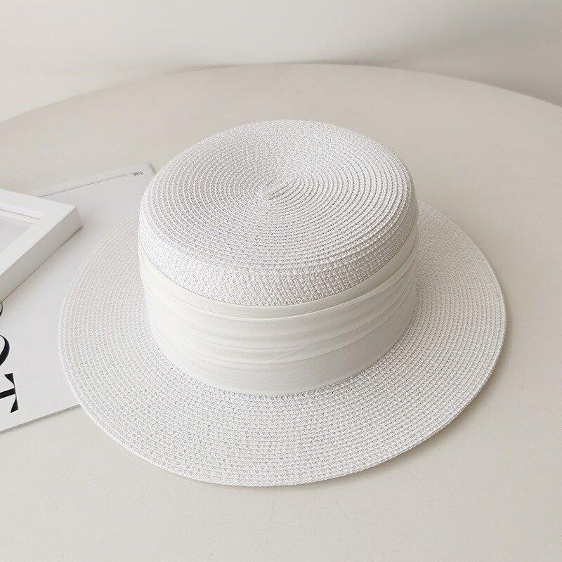 Retro Flat Top Straw Hat For Women With Wide Brim And Sun Protection For Vacation