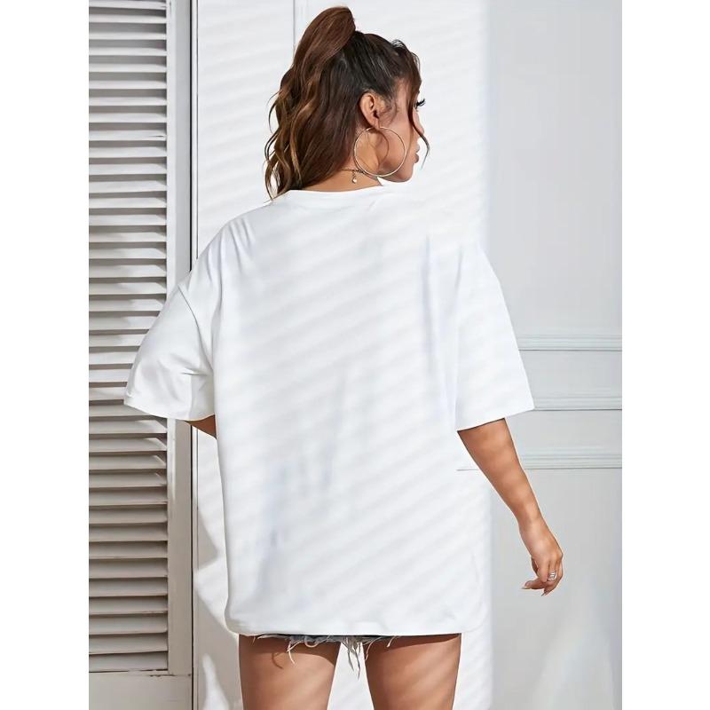 Plus Size Women's Floral Butterfly Print T-Shirt Round Neck Short Sleeve Casual Spring Summer Top