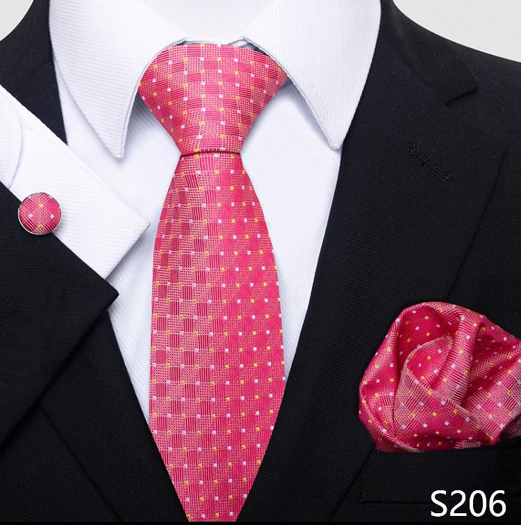 Men's 8cm Solid & Polka Dot Plaid Tie Set with Cufflinks & Pocket Square