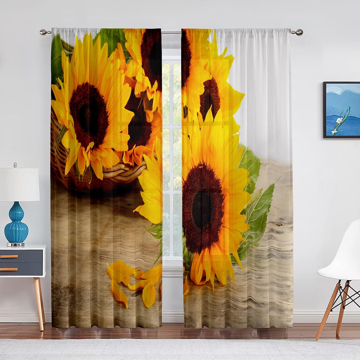 

Прозрачная вуаль с подсолнухом, желтые цветы, полевые растения, тюлевые шторы для гостиной, спальни, кухни, шторы, шторы 1 PCS W100XH250cm&Grommet Top