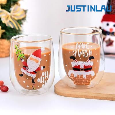 JUSTINLAU Christmas Double Wall Glass Cups Santa Claus Pattern Heat-resistant Water Cup Home Milk Coffee Mug Xmas Gift Drinkware