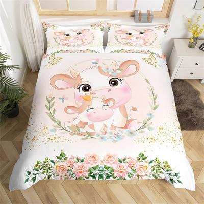 Cute Milk Cow Bedding Set King Cartoon Animal Duvet Cover Botanical Floral Comforter Cover Microfiber Farmhouse Bedspread Cover