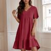 Ladies' Casual And Fashionable Solid Color Dress, Loose Short Sleeved Waist Cinched Dress