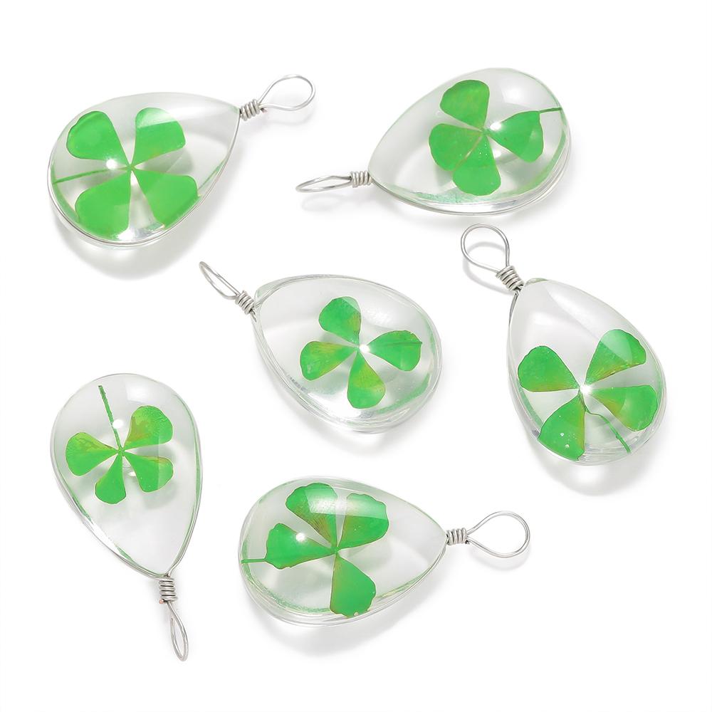 5pcs Green Lucky Four Leaf Clover Pendant Handmade Glass Dry Flower Four Leaf Clover Ornament DIY Necklace Craft Jewelry Making