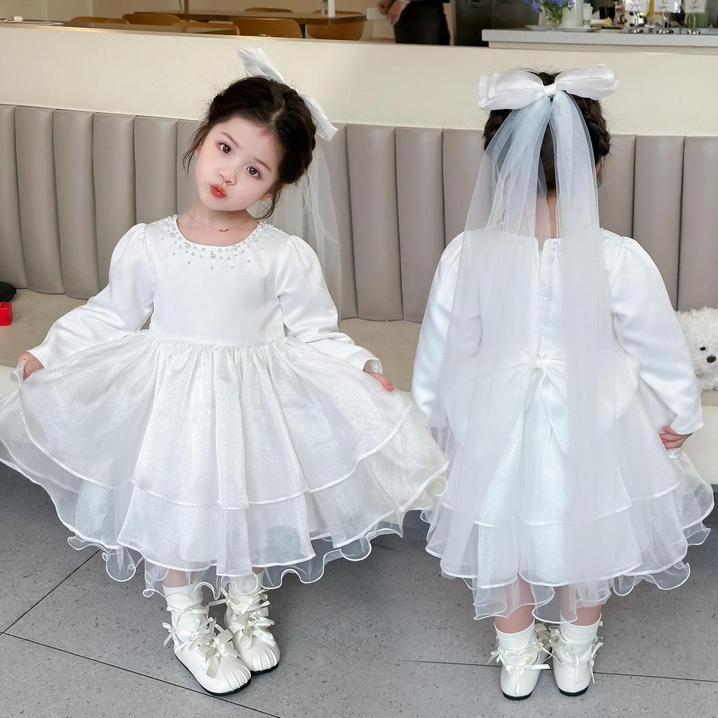 White Tulle Dress for Girls, Ages 2-7 - Spring/Autumn Flower Girl Dress