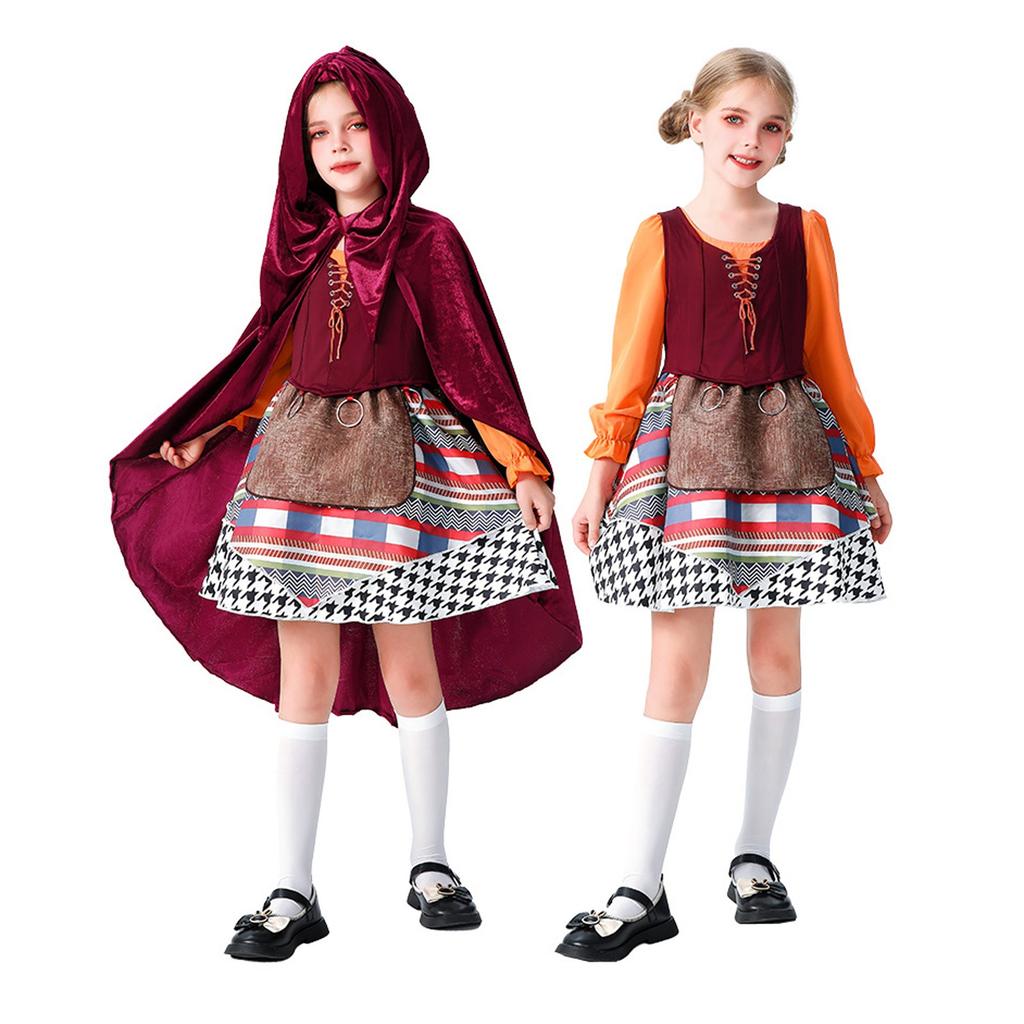 Halloween Children's Role Playing Costume Medieval Style Shawl Cape Dress Set Girls' Holiday Show Clothes Cosplay Dress Up