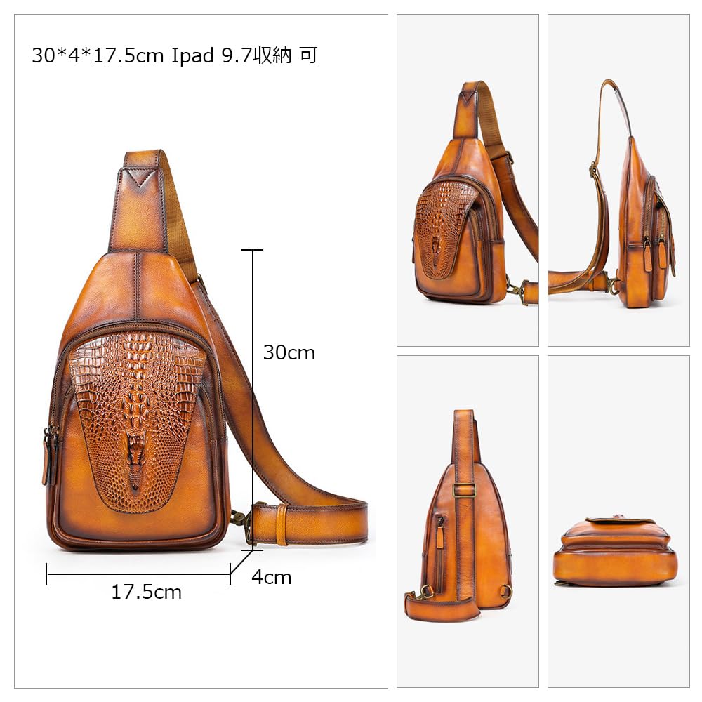 Whatna Antique-Style Tanned Natural Cowhide Leather One-Shoulder Bag for Men, 3-Way, Crossbody, Mini Body Bag, Chest Bag, Genuine Leather, Thick