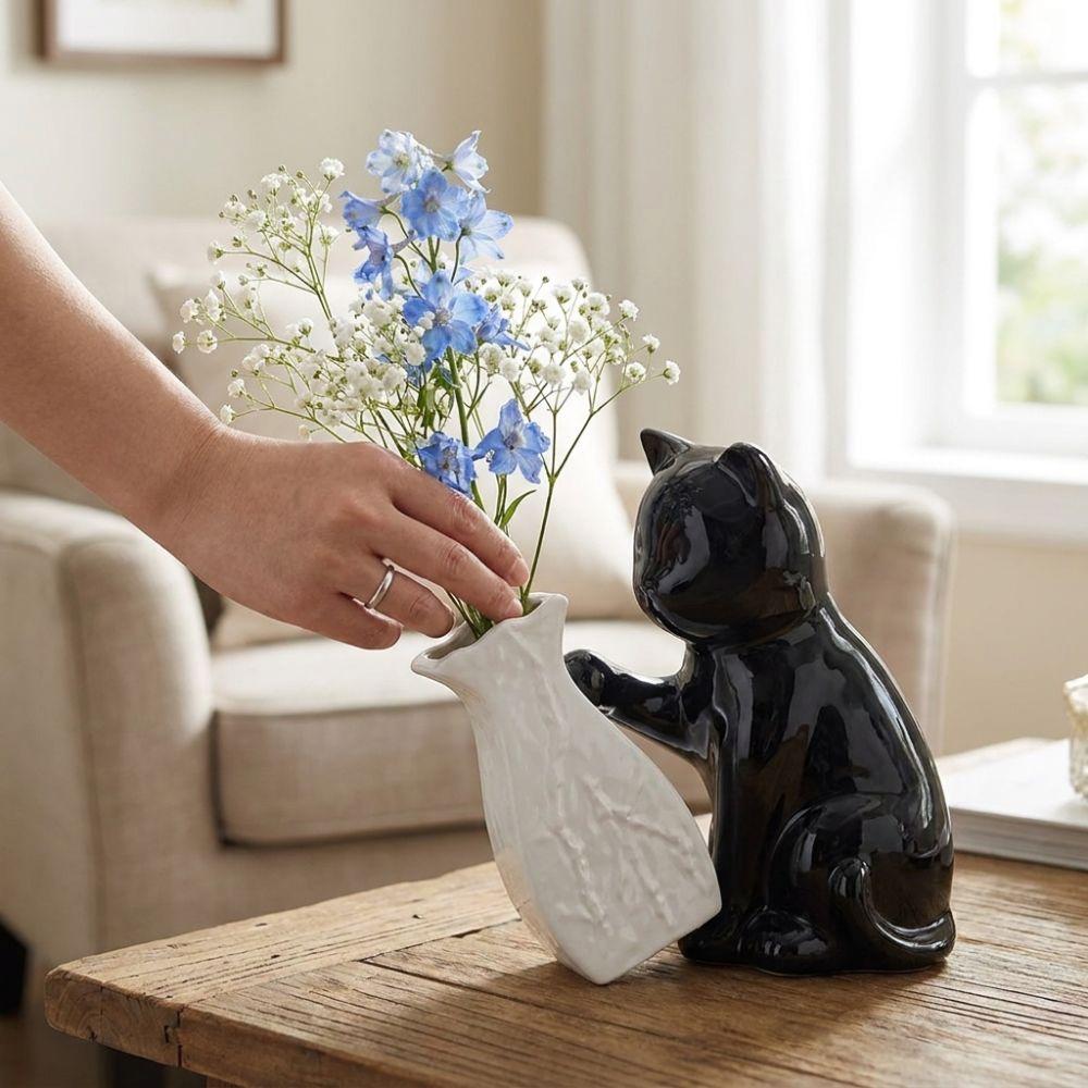 Cat Statue Kitten with Tilted Flower Vase Ceramic Flower Holder Decorative Vase  Flower Arrangement