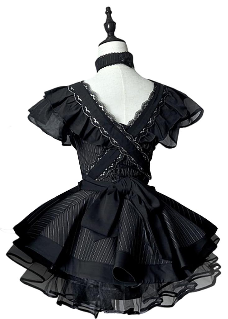 Maid Gotik Lolita Retro Schwarz-Weiß Gestreiftes Lolita Cosplay Rüschen Lolita Kurzarm Kostüm Ordentlich und Perfekt für Cafés und Freizeitparks