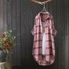 Camicia Lunga a Quadri Oversize Fresca da Donna con Collo a Punta, Misto Cotone, Tunica, Leggero Cardigan Copri Costume a Bottone Singolo per la Primavera