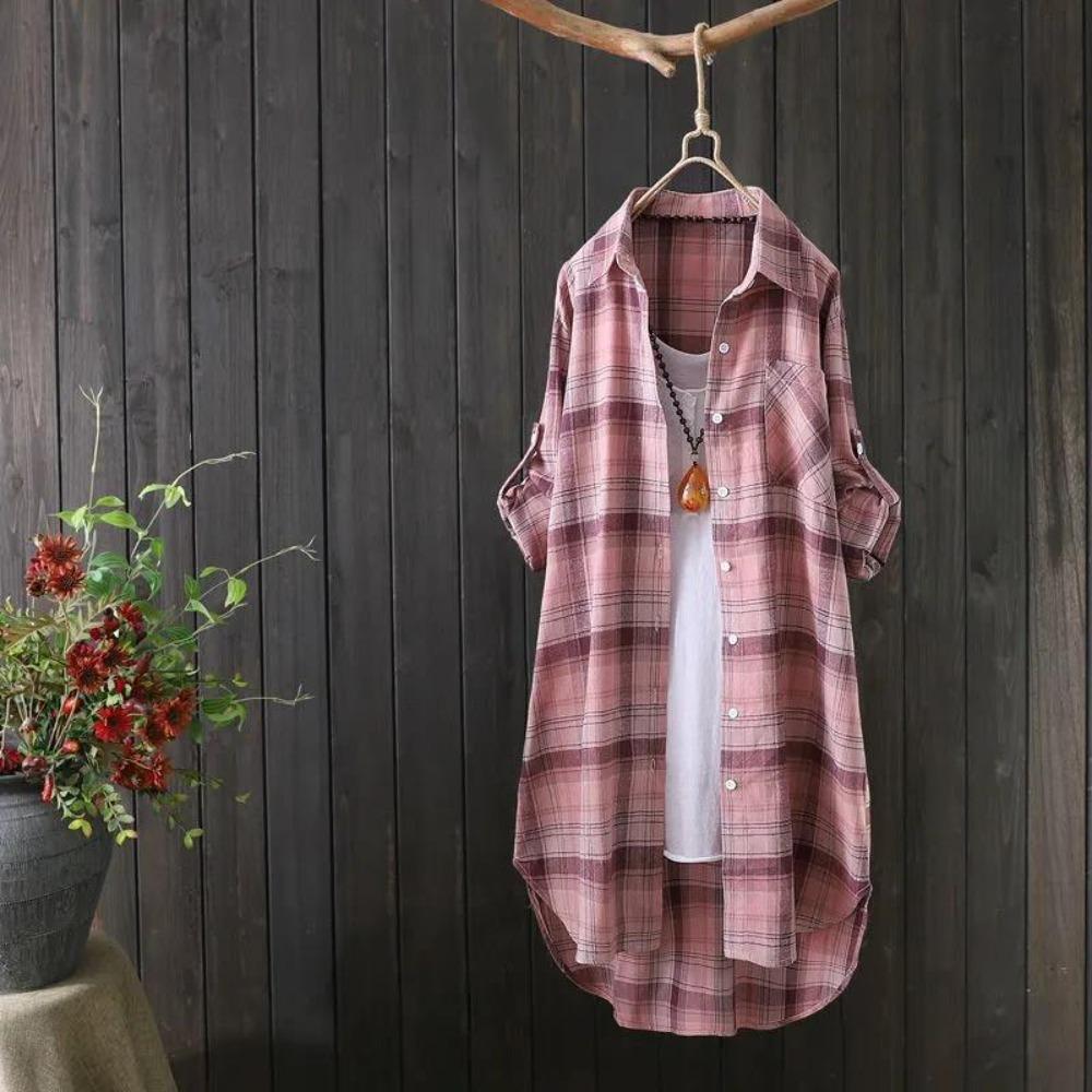 Camicia Lunga a Quadri Oversize Fresca da Donna con Collo a Punta, Misto Cotone, Tunica, Leggero Cardigan Copri Costume a Bottone Singolo per la Primavera