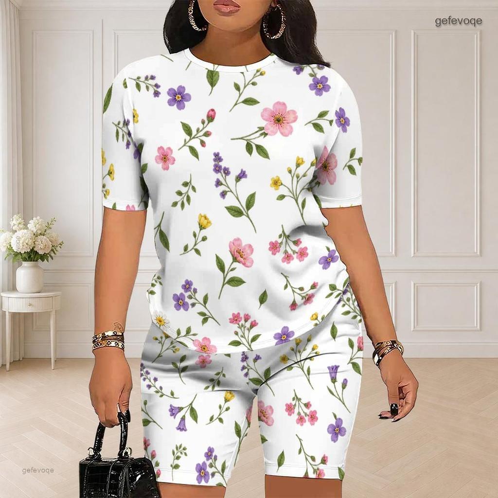 Women Plus Size Blue Rose Floral Printed Round Neck Short Sleeve Two Piece Fitted Shorts Set