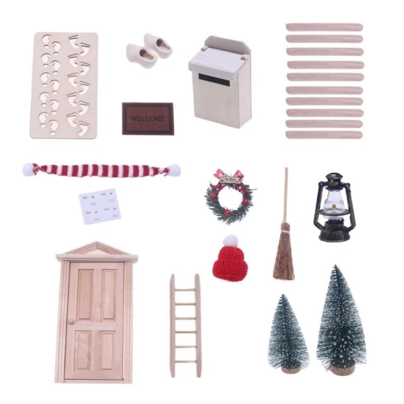1 Set Dollhouse Elf Door Christmas Decor Wreath Mini Wood Furnitures Ornament Fairy Garden Miniature Scene Model Pretend