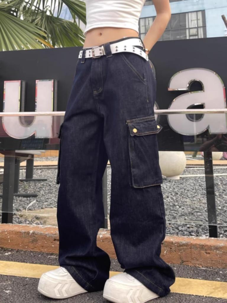 American Retro Design Sense Multi-pocket Tooling Jeans Men's Loose Straight High Street Ruffian Handsome Fried Street Wide-leg Pants