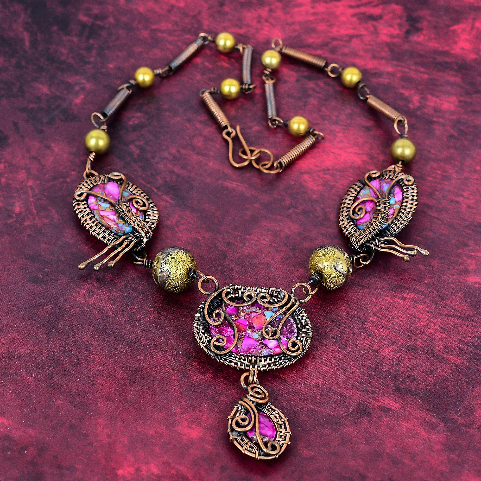 Natural Kingman Pink Dahlia Turquoise Necklace Adjustable Chain Necklace Copper Wire Wrapped Necklace Adjustable