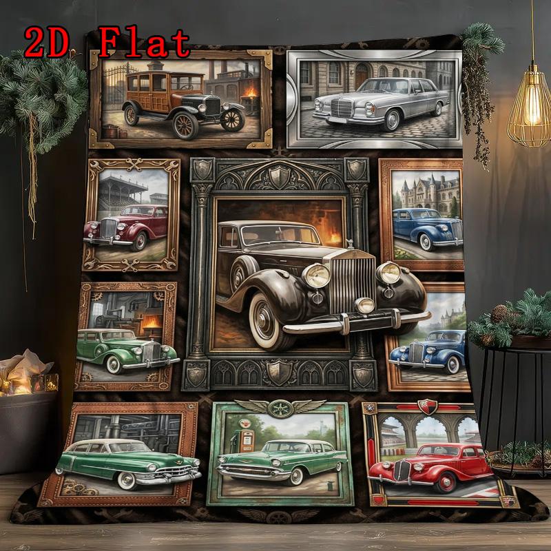 Classic Car Art Rug 2D Flat Pattern Flannel Blanket, High Quality All Seasons, Home Decor, Warmth and Comfort, Perfect for Christmas Gifts.