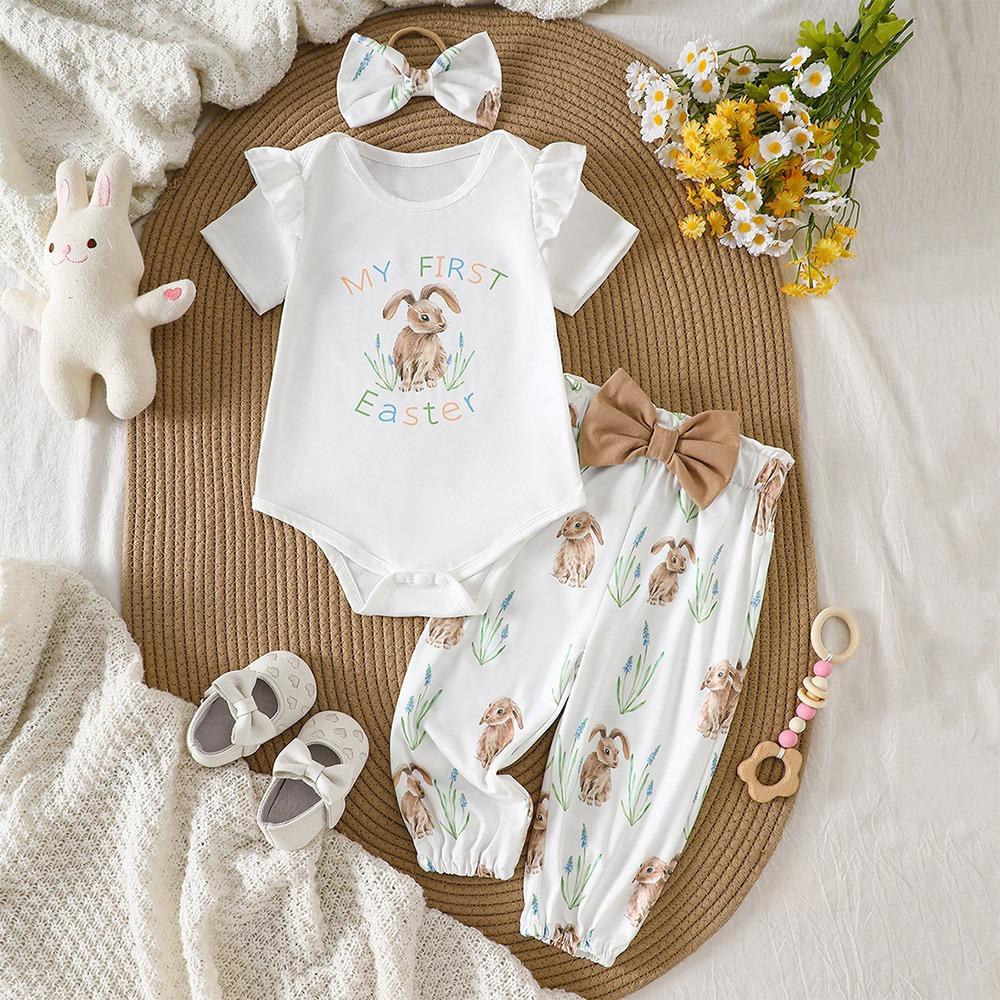 3Pcs/Set Rabbit Bunny Romper Set Summer Ruffled Trim Romper Easter Infant Baby Outfits Party 6-12M белый