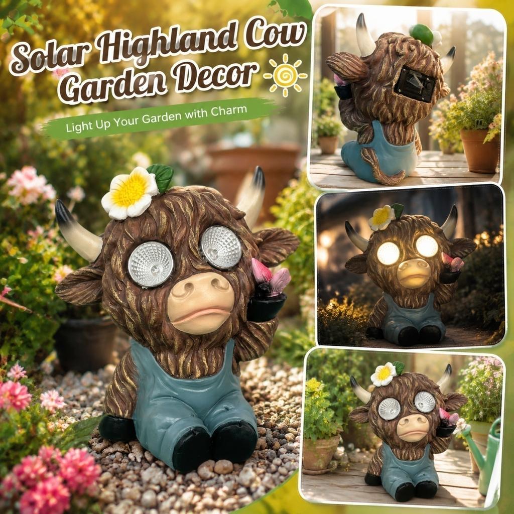 Solar Powered Highland Cattle Figurine Resin Craft Garden Decoration Outdoor Yard Ornament with Night Light for Spring Summer