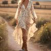 Abito midi da donna a maniche lunghe a lanterna con scollo a V, stampa floreale, orlo arricciato asimmetrico, stile boho casual, per la primavera