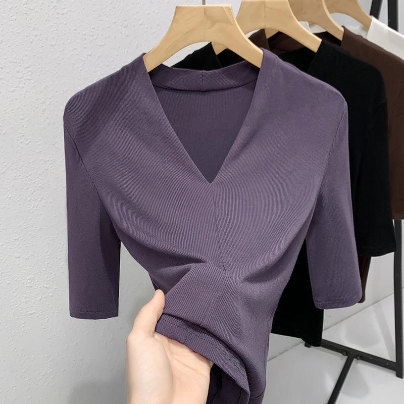 Women's New Women's Clothing Style V-neck Half-sleeved T-shirt Waist-retracting Elastic Solid Color Top