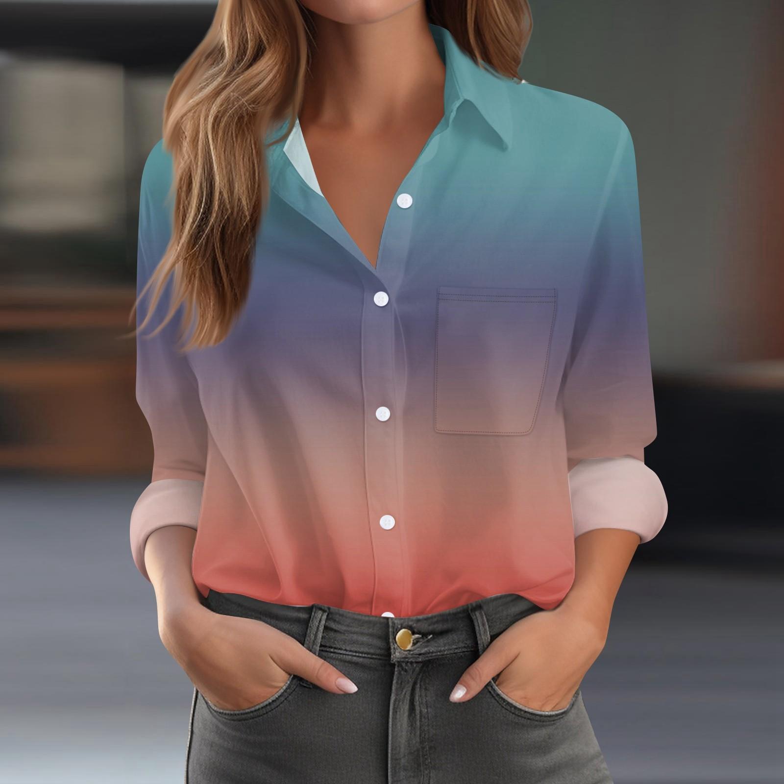 

Женская рубашка блузка с принтом на пуговицах с длинным рукавом повседневная базовая с воротником обычный топ с карманами XXL