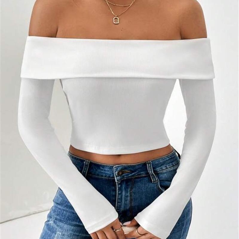 Dames Herfst en Winter A Woord Kraag Slim Honderd Passend Lange Mouw Strapless Kort T-shirt