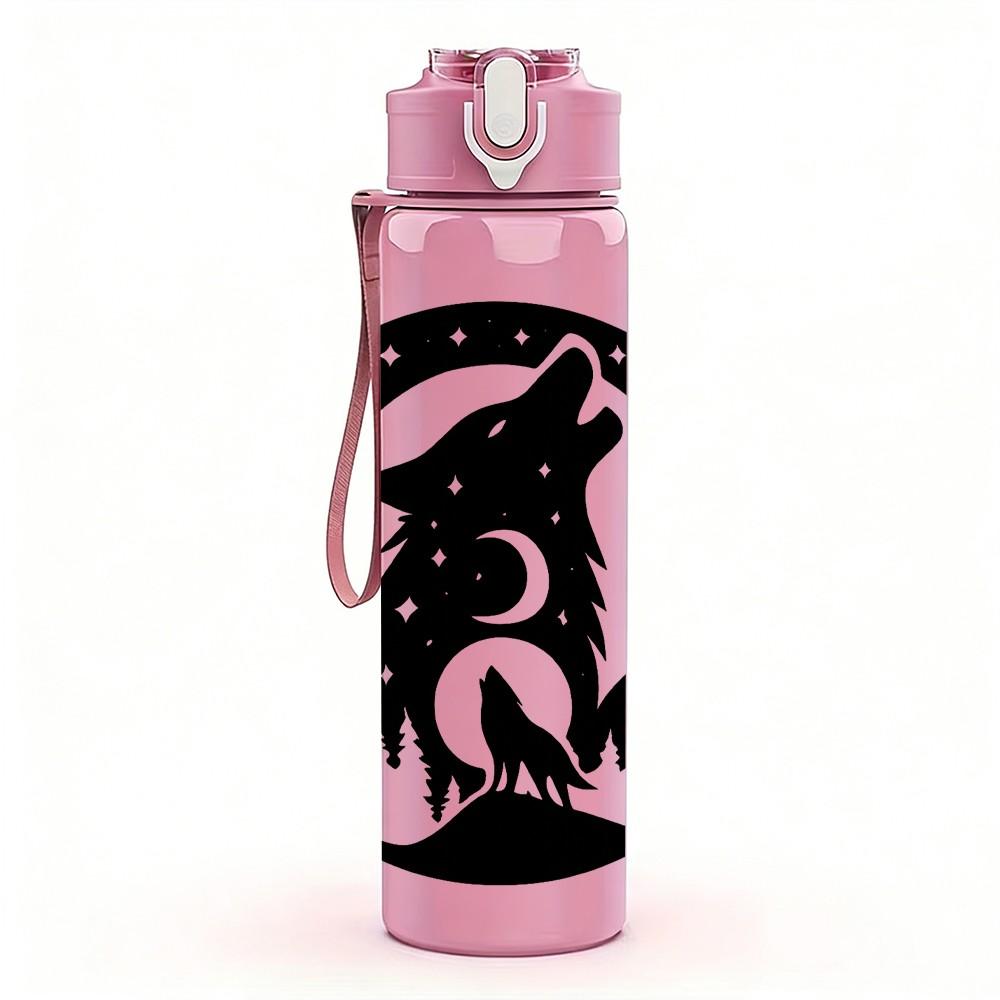 1PC Wolf Mountain Silhouette Graphic 750ml Color Plastic Sports Water Bottle Leakproof Flip Straw Lid Suitable for Sports Office Home Use
