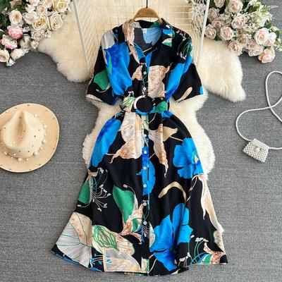 New Summer Women Dress Fashion Print Floral A-line Shirt Dress with Belt Elegant Vintage Off Lady Dress Casual Dresses