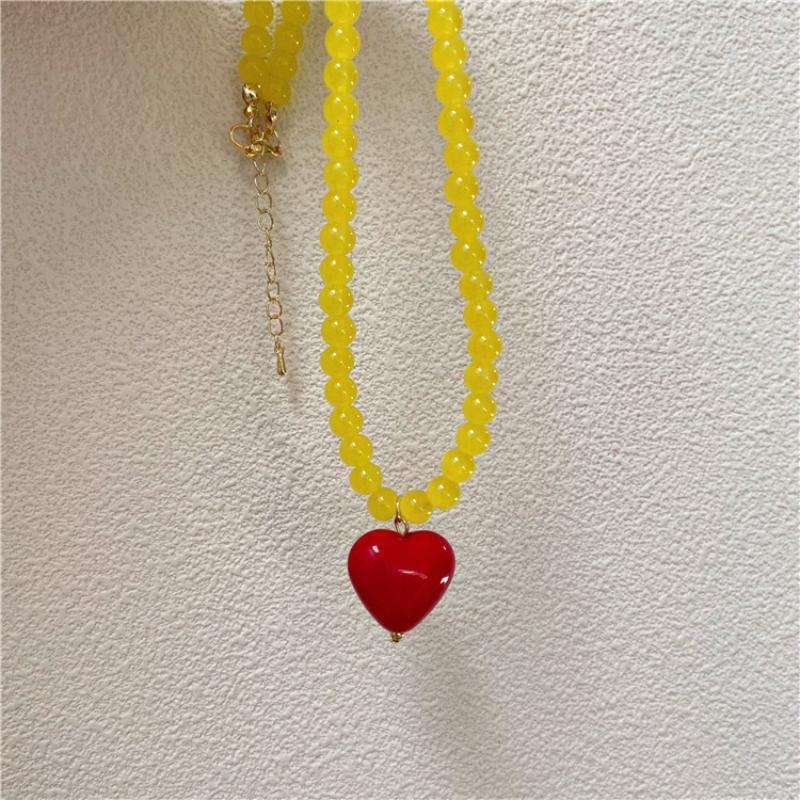 Resin Candy Color Heart Pendant Glass Beaded Short Choker Collar Neck Necklace Aesthetic Charm Jewelry Accessories