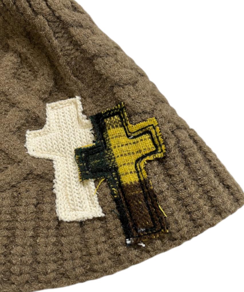 SK8ER ROCK Cable Knit Cross Bucket Hat ((Dark Beige))