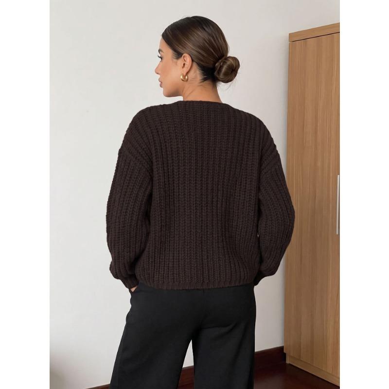 Women S Knitted Cardigan Round Neck Long Sleeve Button Front Lazy Style Sweater Coat