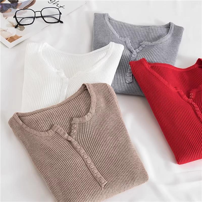 Neuer Herbst- und Winter-Retro-Figurbetonter V-Ausschnitt Enger Pullover für Damen, Dünnes Langarm-Strick-Basisschicht-Oberteil