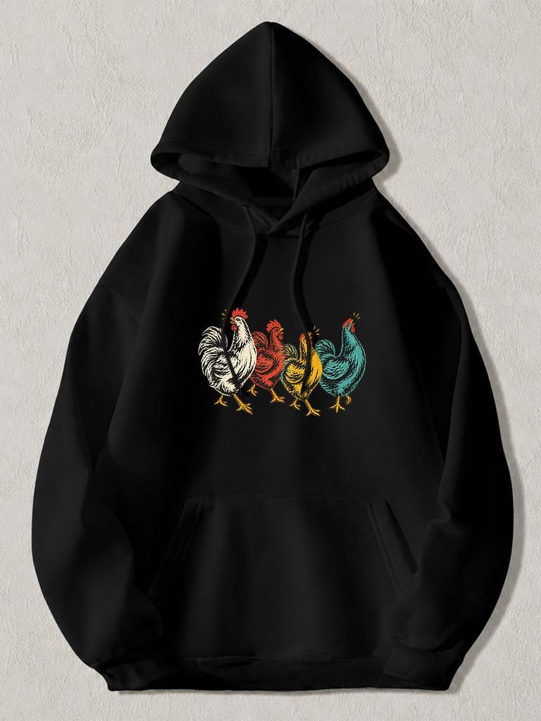 Black Pullover Hoodie with Colorful Rooster Graphic Print Casual Long Sleeve Sweatshirt with Kangaroo Pocket And Drawstring Hood f