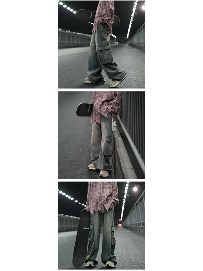 Men's American Retro Washed Wide-Leg Jeans with Big Pockets - Loose Straight-Leg Workwear Pants for Spring & Autumn.