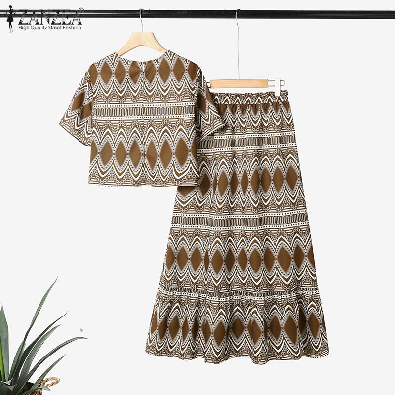 ZANZEA Women Short Sleeve Blouse and Long Skirts Summer Two Piece Suit Sets