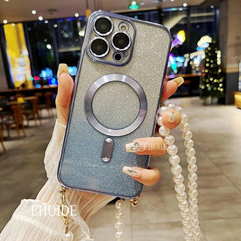 Case For Samsung Galaxy A16 A36 A06 A55 A35 A15 A25 A05 A05S Magsafe Magnetic Pearl Crossbody Cord Lanyard Strap Glitter Cover
